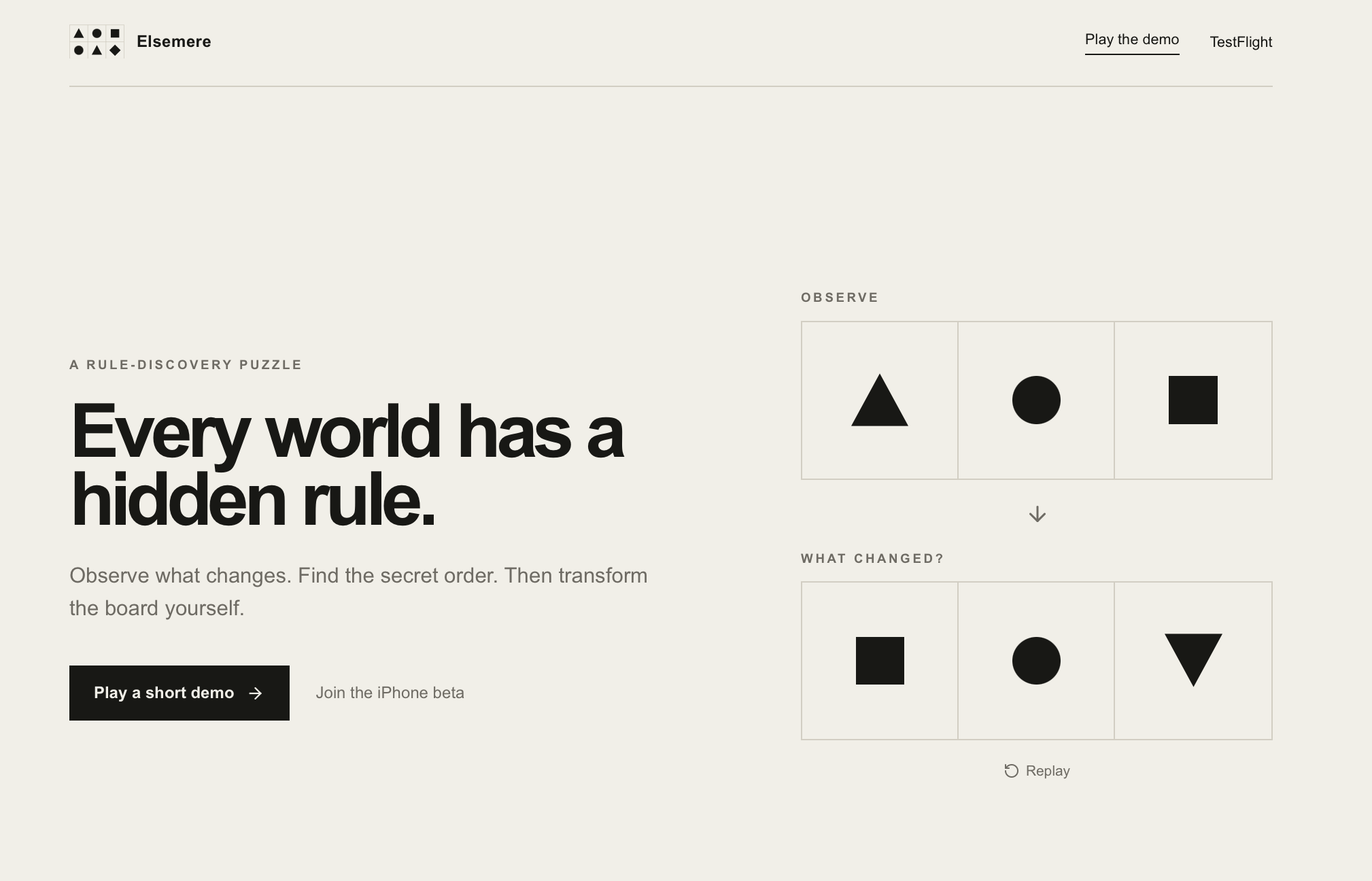 The Elsemere website: the headline Every world has a hidden rule, beside an Observe board and a What changed board